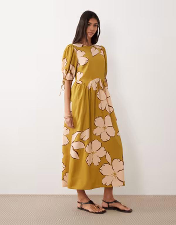 ウェンズデーガール レディース トップス 衣装 御花柄 御花 Wednesday\u0027s Girl tie sleeve floral midaxi smock dress GREEN 緑であること