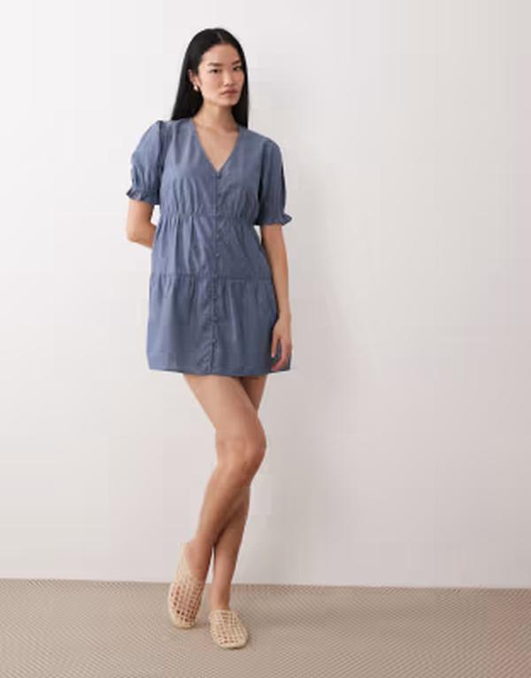 ウェンズデーガール レディース トップス 衣装 ミニ Wednesday\u0027s Girl chambray smock mini dress BLUE 青み