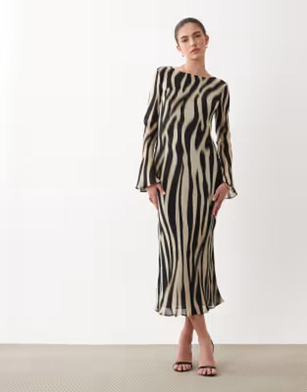 マンゴ レディース トップス 衣装 刷り上げる マキシ Mango maxi dress with long flared sleeves インチ zebra print Zebra print 毛の荒物