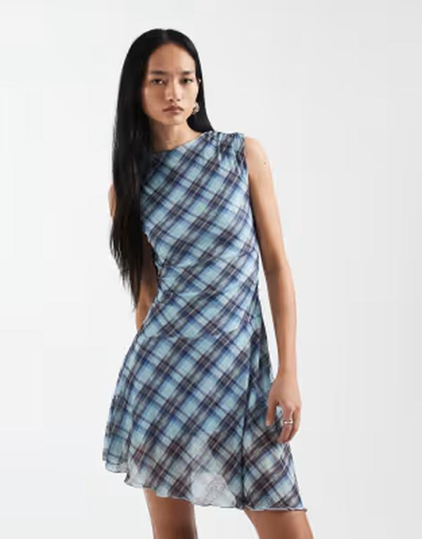 コットンオン レディース トップス ワンピース アシンメトリー ミニ メッシュ Cotton mesh asymmetric hemini dress plaid Blue check ブルー｜ReVida 店