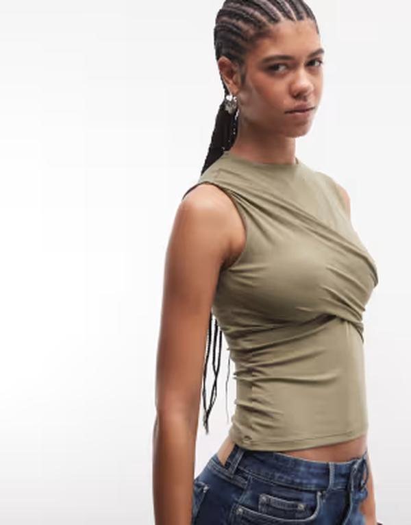 モーテル レディース トップス シャツ Motel Otso twisted wrap short sleeve top Khaki カーキ｜ReVida 店 14,686円