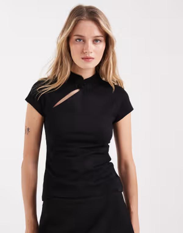 エイソス レディース トップス プルオーバー ASOS DESIGN stand collar fitted top Black 黒いこと