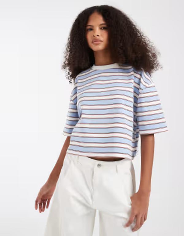 エイソス レディース トップス プルオーバー 対照 ASOS DESIGN contrast neck boxy crop top インチ light blue and chocolate stripes Light Blue Stripe 青み