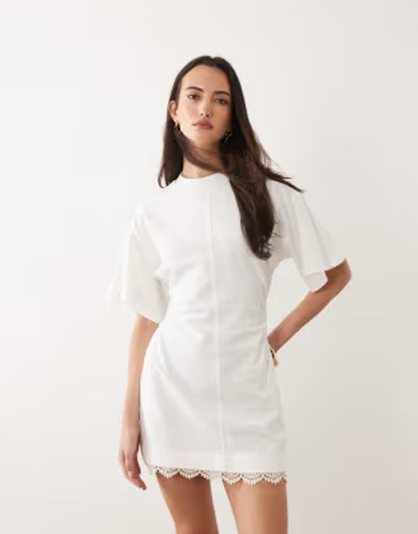 エイソス レディース トップス ワンピース ウエストマーク ミニ レース ASOS DESIGN cinched waist mini dress with lace detail in cream クリーム｜ReVida 店