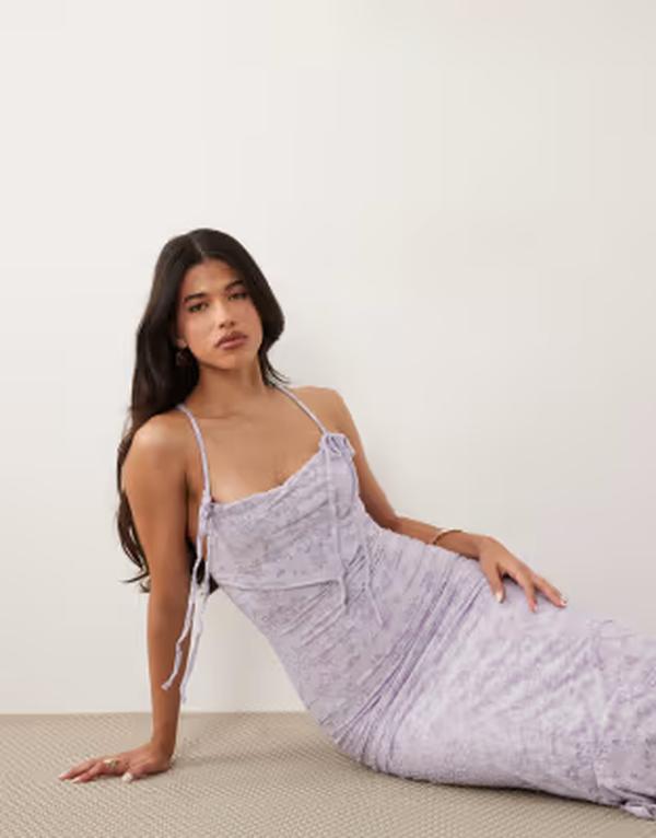 エイソス レディース トップス 衣装 マキシ ASOS DESIGN devore strappy maxi dress with tie detailing インチ lilac 紫はしどい