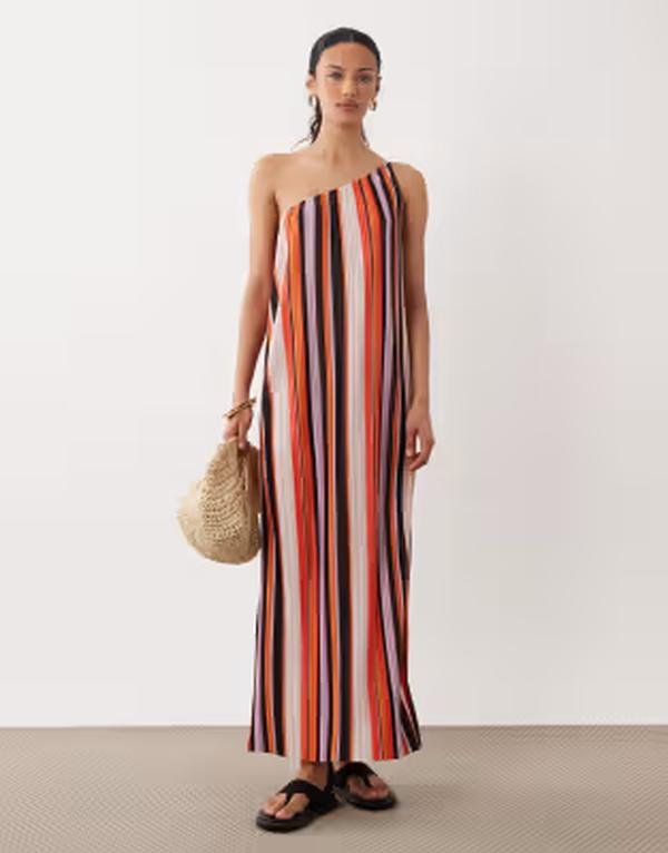 エイソス レディース トップス ワンピース マキシ ASOS DESIGN one shoulder plisses maxi dress in colorful stripe Multi マルチカラー｜ReVida 店