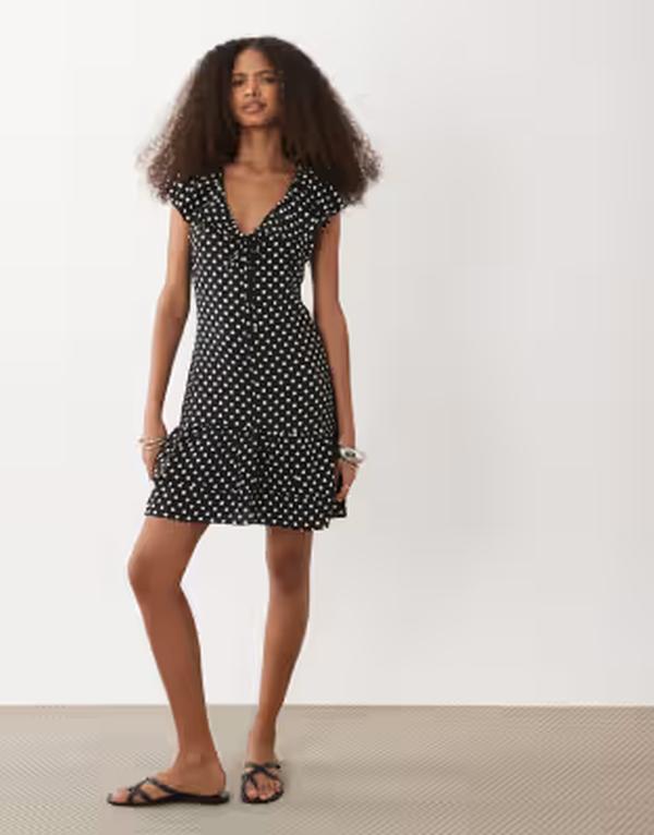 ブレーブソウル レディース トップス 衣装 点点柄 点点 刷り上げる フラウンス Brave Soul tea dress \u0026 white polka dot print with ruffle detail Black 黒いこと