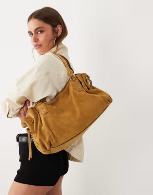 マンゴ レディース 御徒面子 なめし革 Mango starring Hailey Bieber 100% leather slouch shoulder bag BROWN 赤銅色