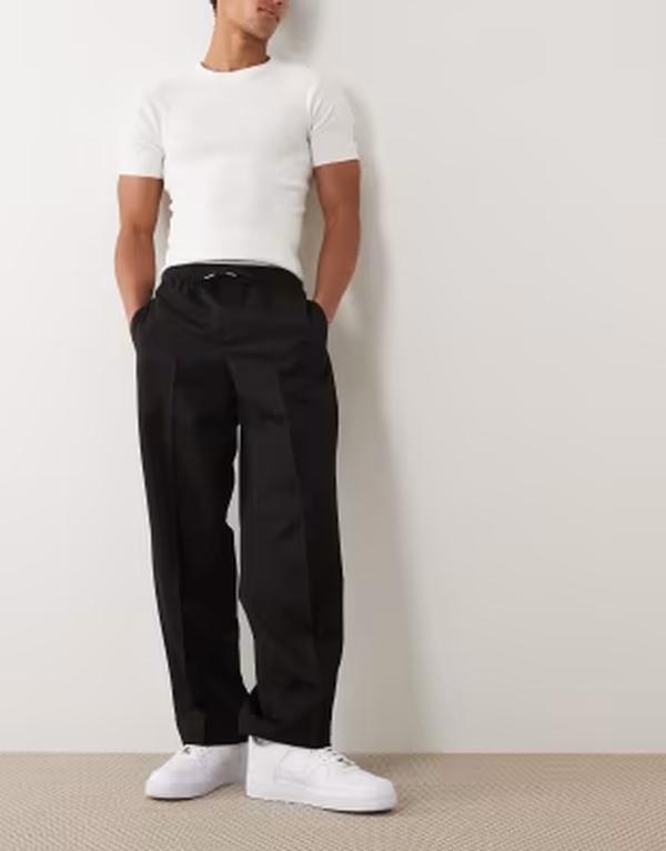 エイソス メンズ ボトムス 心地よいズボン下 ワイドレッグ ASOS DESIGN smart pull on wide leg pants Black 黒いこと