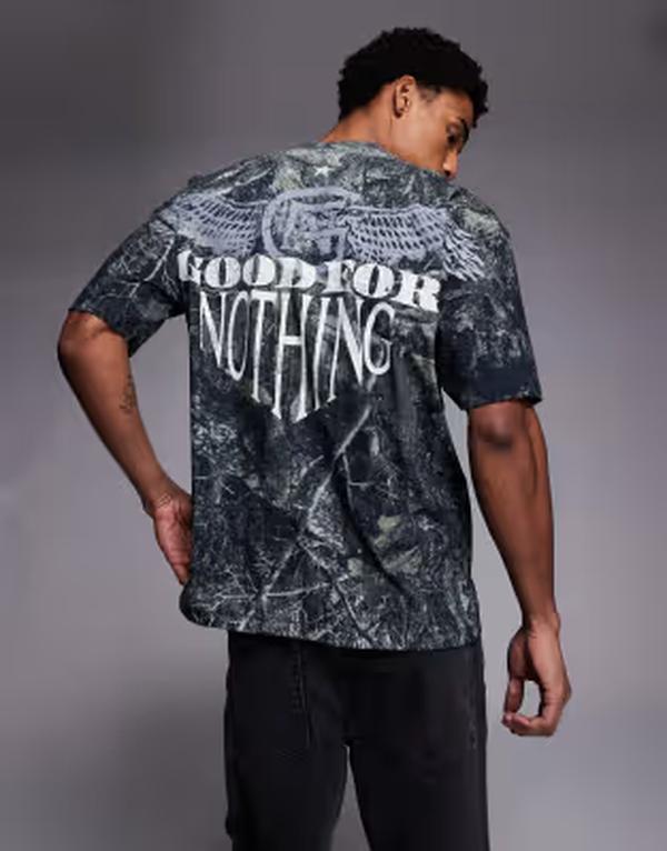 グッドフォーナッシング メンズ トップス Tシャツ プリント ロゴ Good For Nothing oversized camo T-shirt with logo back print Black ブラック|ReVida 店