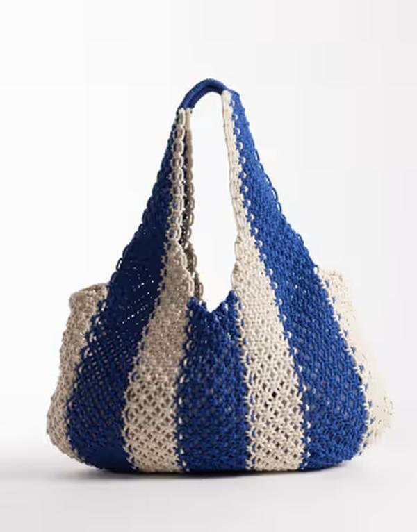 アクセサライズ レディース 御徒面子 Accessorize nautical striped macram shoulder bag and MID BLUE 青色