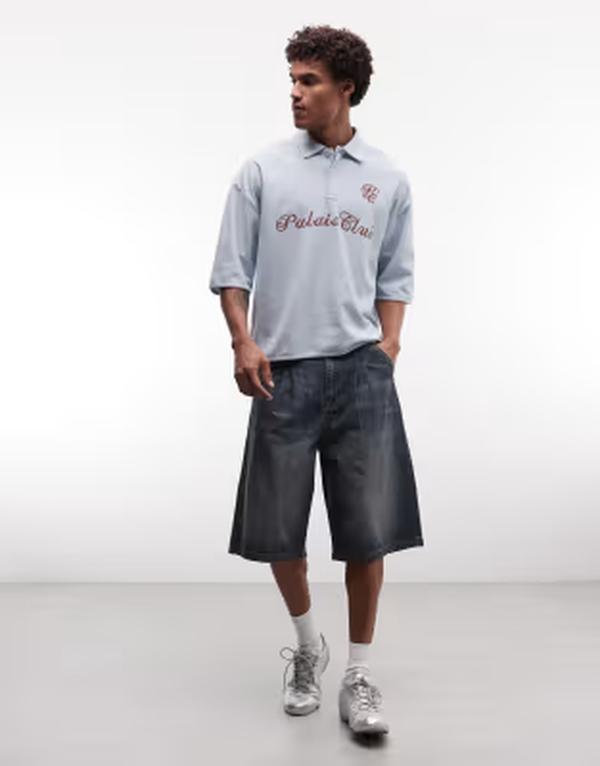 エイソス メンズ トップス スポーツシャツ 縮緬 グラフィック ASOS DESIGN super heavyweight boxy oversized polo with text graphicrepe fabric niagara mist 青色