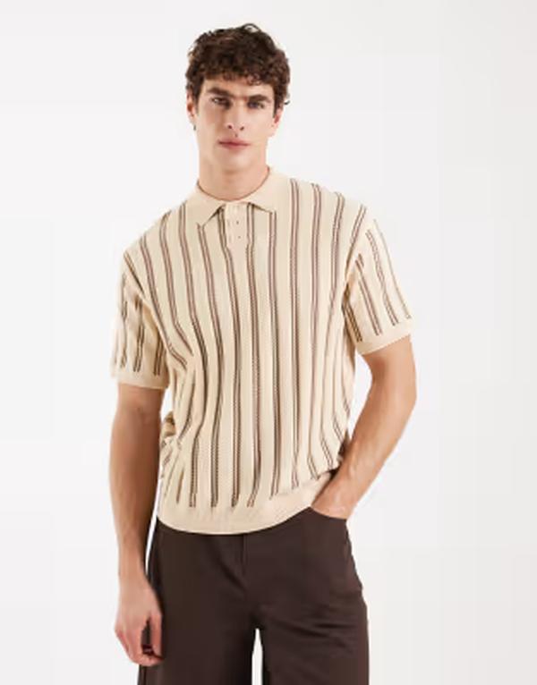 レディファインド レブル メンズ トップス スポーツシャツ Redefined Rebel Pau boxy fit short sleeve striped polo インチ ecru multi ECRU エクリュ