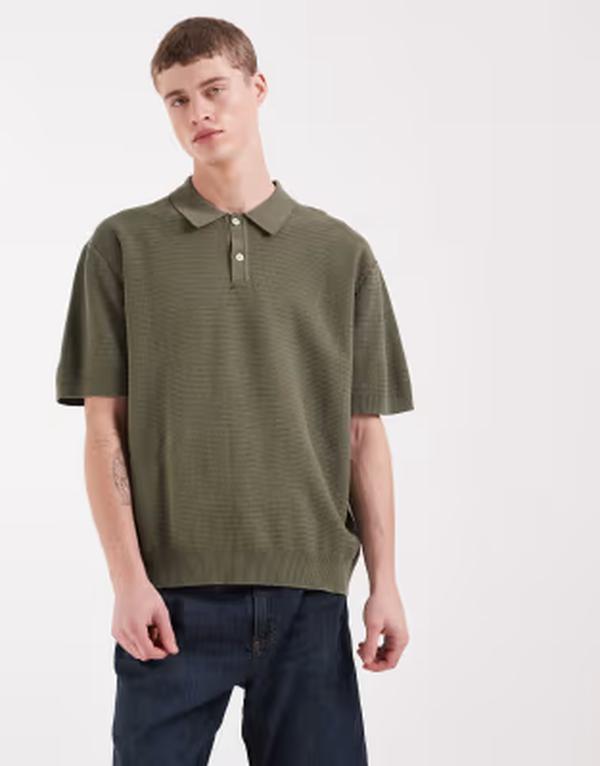 レディファインド レブル メンズ トップス スポーツシャツ 編み物 Redefined Rebel Izan boxy fit short sleeve knit polo インチ olive GREEN 緑であること