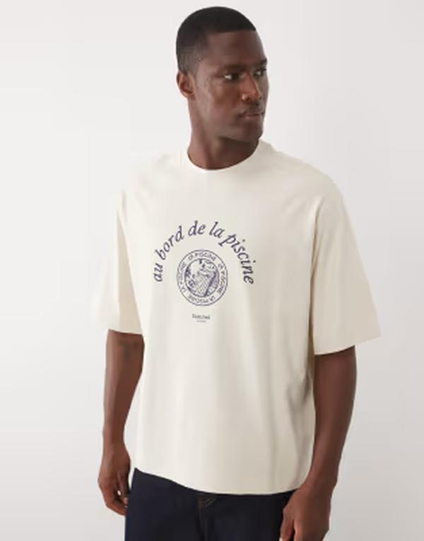 セレクティッド メンズ トップス ティーシャツ 刷り上げる Selected heavyweight-shirt with front print インチ cream Birch 皮膚軟化剤