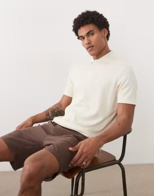セレクティッド メンズ トップス ポロシャツ Selected textured short sleeve polo in cream Birch クリーム｜ReVida 店