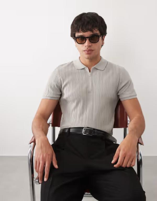 エイソス メンズ トップス スポーツシャツ 肋筋 ASOS DESIGN muscle fit ribbed partial zipolo インチ light London fog 緑であること