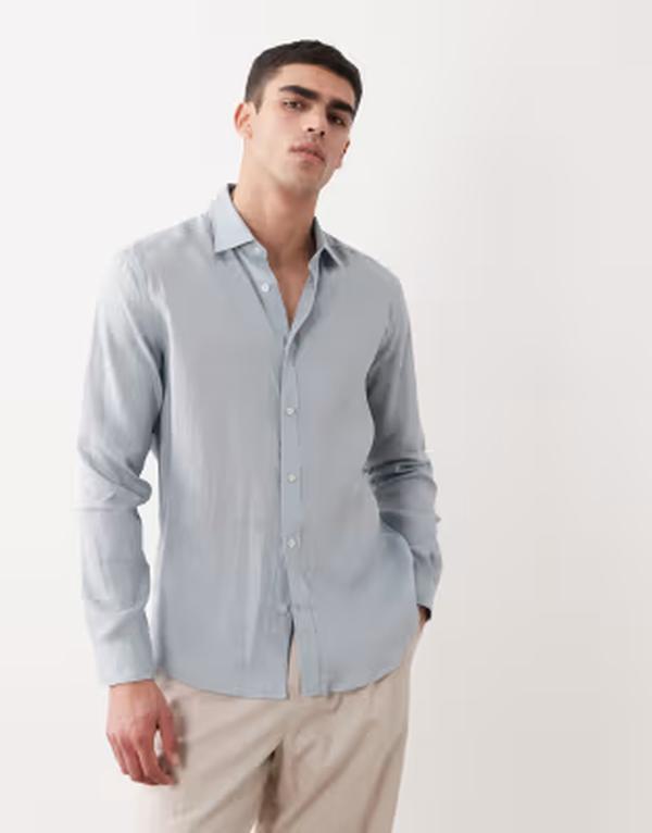 マンゴ メンズ トップス ティーシャツ リネン Mango 100% linen long sleeve shirt インチ light BLUE 青碧