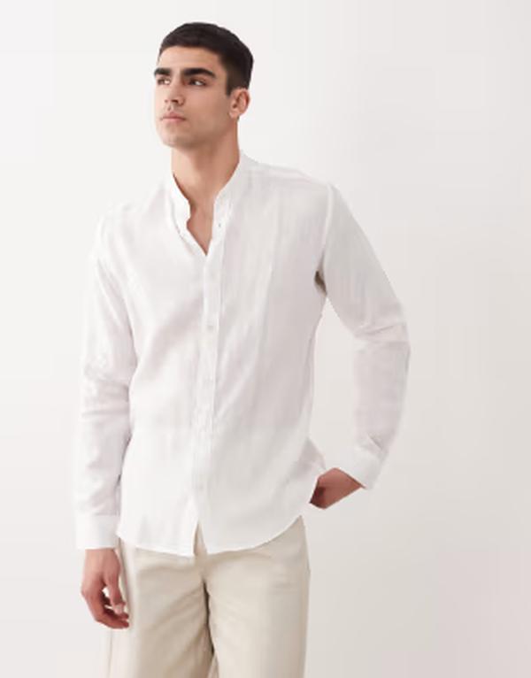 マンゴ メンズ トップス ティーシャツ リネン Mango 100% linen stand collar long sleeve shirt WHITE 白いこと