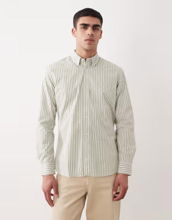 マンゴ メンズ トップス シャツ コットン Mango classicotton striped shirt GREEN グリーン｜ReVida 店