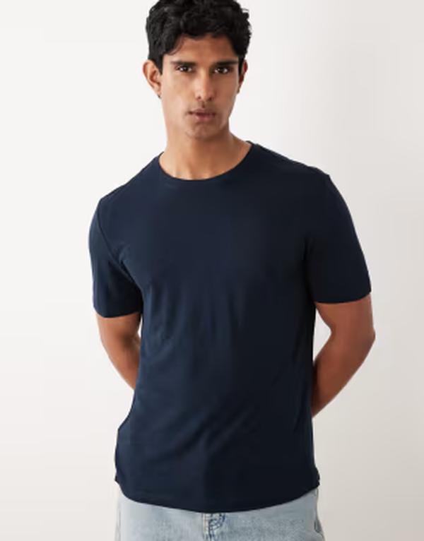 マンゴ メンズ トップス Tシャツ スリムフィット リネン Mango linen mix slim fit-shirt NAVY ネイビー｜ReVida 店