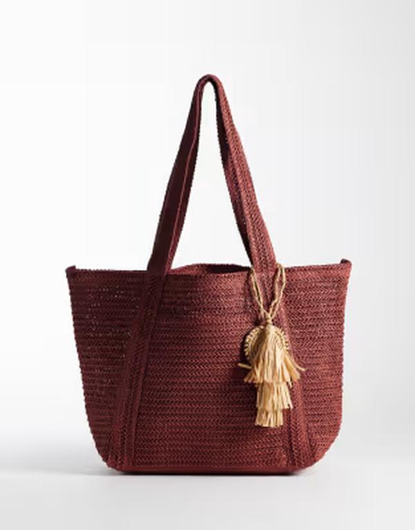 マンゴ レディース バッグ Mango raffia tote bag in berry｜ReVida 店