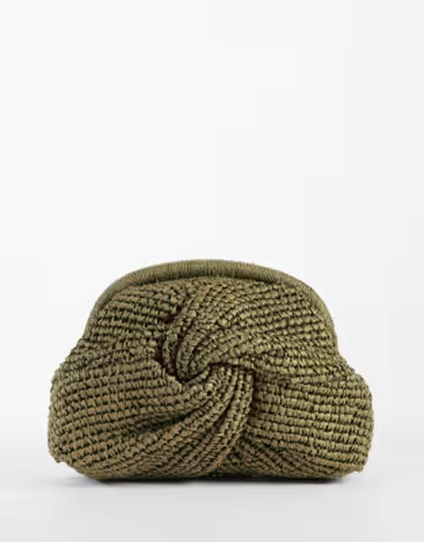 マンゴ レディース 御徒面子 ミニ Mango mini raffia knot detail clutch bag with detatchable chain Khaki カーキ