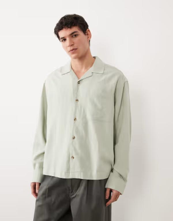 エイソス メンズ トップス シャツ リネン ASOS DESIGN boxy oversized revere linen blend shirt in sage GREEN グリーン｜ReVida 店