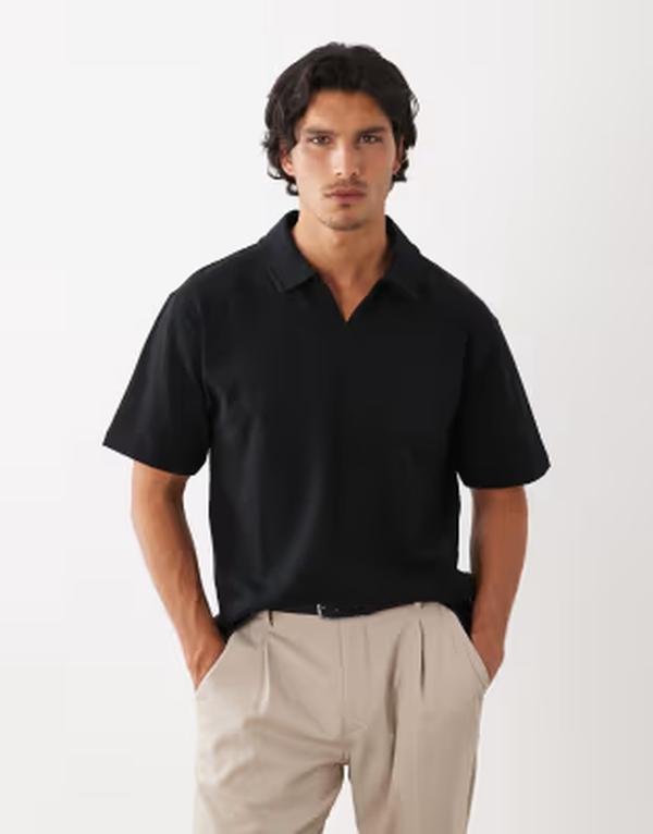 エイソス メンズ トップス スポーツシャツ ASOS DESIGN Circular Design Collection super heavyweight relaxed revere polo Black 黒いこと
