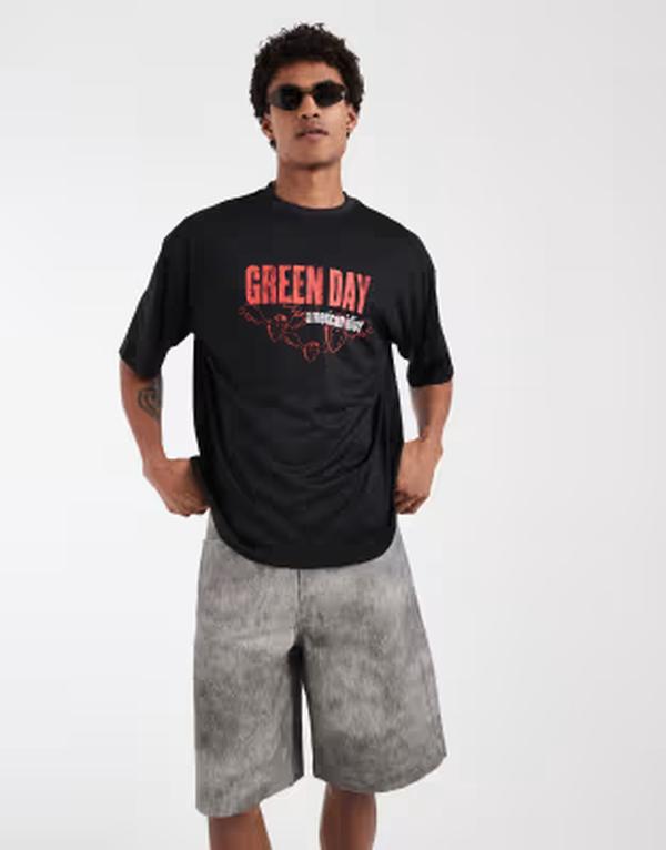 エイソス メンズ トップス Tシャツ プリント ASOS DESIGN oversized T-shirt with Green day print Black ブラック｜ReVida 店 9,105円