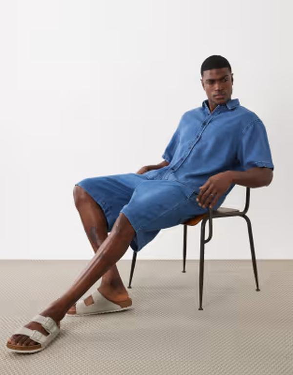 エイソス メンズ ボトムス 二分の一ズボン下・さる股引き ジーンズ リネン ASOS DESIGN pull on mid length linen look denim jorts インチ mid wash blue - part of a set Mid wash blue 青碧