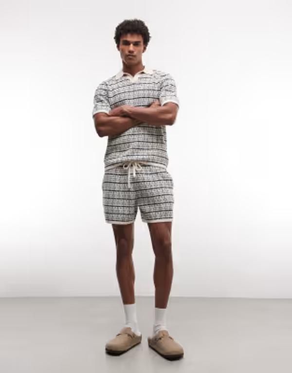 エイソス メンズ ボトムス 二分の一ズボン下・さる股引き 遊撃手ズボン下 編み物 ASOS DESIGN knit striped shorts and ecru - part of a set Navy / ecru エクリュ