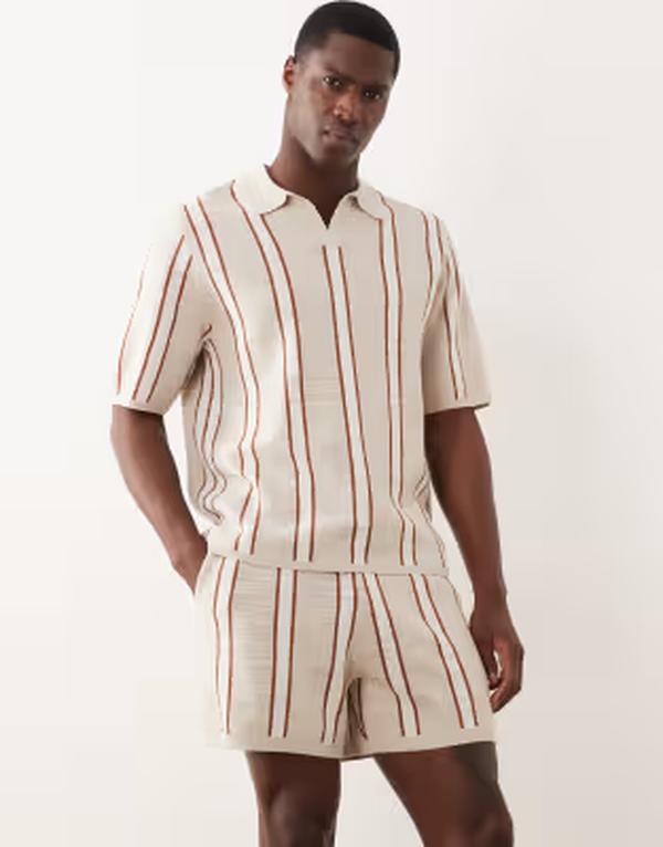 エイソス メンズ ボトムス 二分の一ズボン下・さる股引き 遊撃手ズボン下 編み物 ASOS DESIGN knit striped shorts インチ stone and ecru Stone / ecru エクリュ