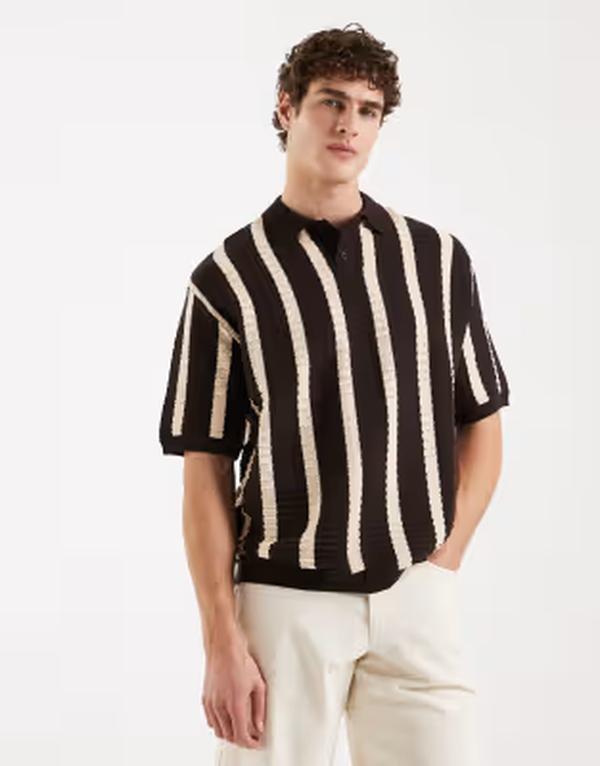 レディファインド レブル メンズ トップス スポーツシャツ 編み物 Redefined Rebel Pau boxy fit short sleeve knit polo shirt with stripes インチ coffee BROWN 赤銅色