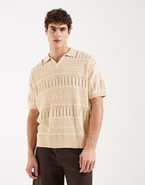 レディファインド レブル メンズ トップス スポーツシャツ 編み物 Redefined Rebel Adam boxy fit short sleeve knit polo インチ ecru エクリュ