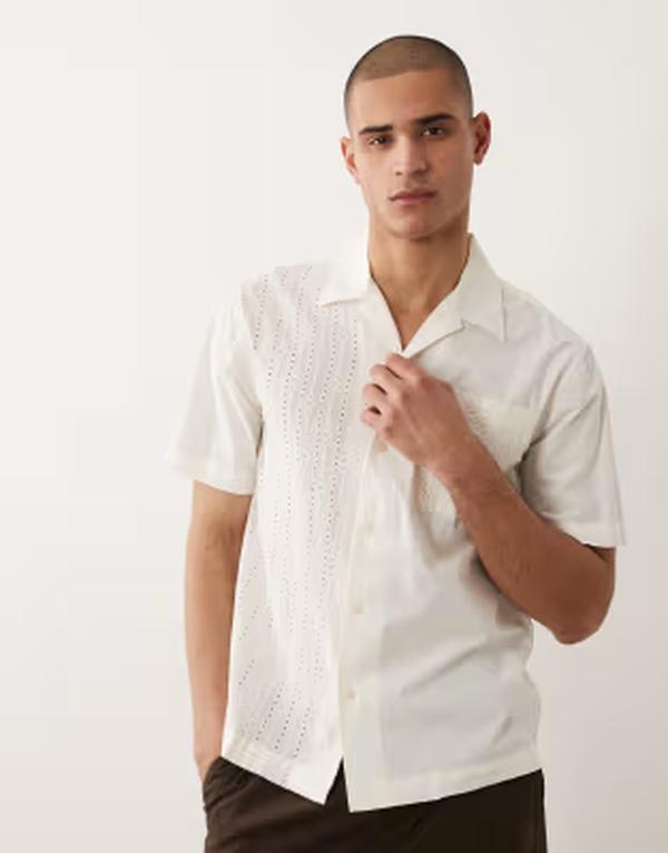 セレクティッド メンズ トップス シャツ Selected eyelet short sleeve shirt in cream Egret クリーム|ReVida 店