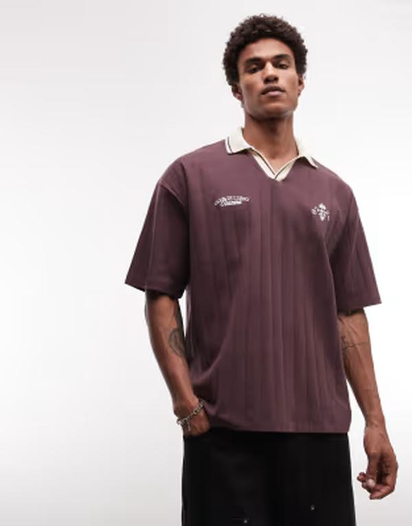 エイソス メンズ トップス スポーツシャツ ASOS DESIGN heavyweight oversized polo with front embroidery インチ dark brown wide rib textured fabric Fudge 赤銅色