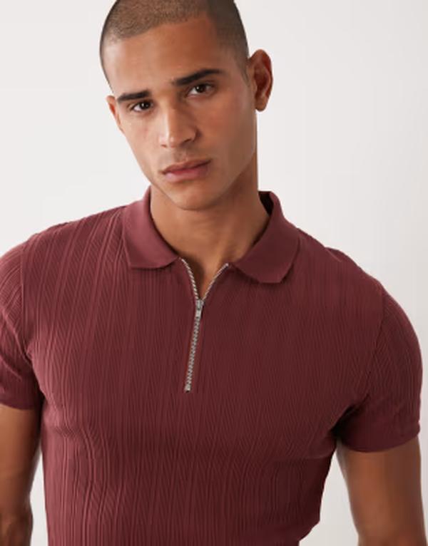 エイソス メンズ トップス スポーツシャツ ASOS DESIGN muscle fit zipolo rib Sable バーガンディ
