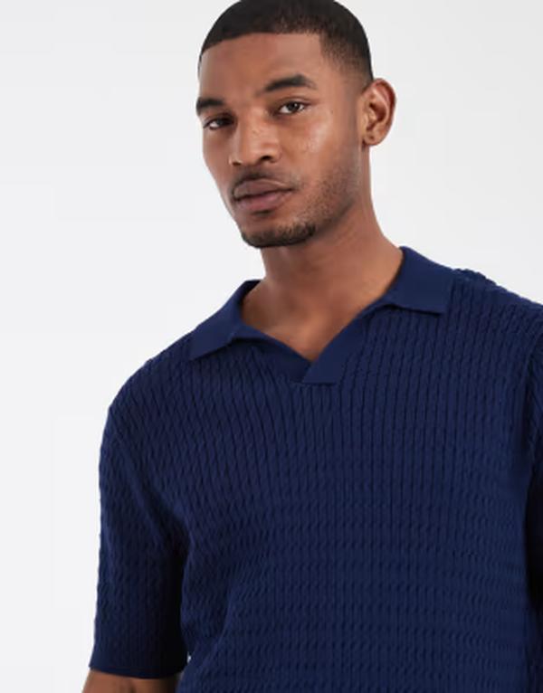 カポ メンズ トップス スポーツシャツ CAPO cable twist open collar polo shirt NAVY 米国海軍