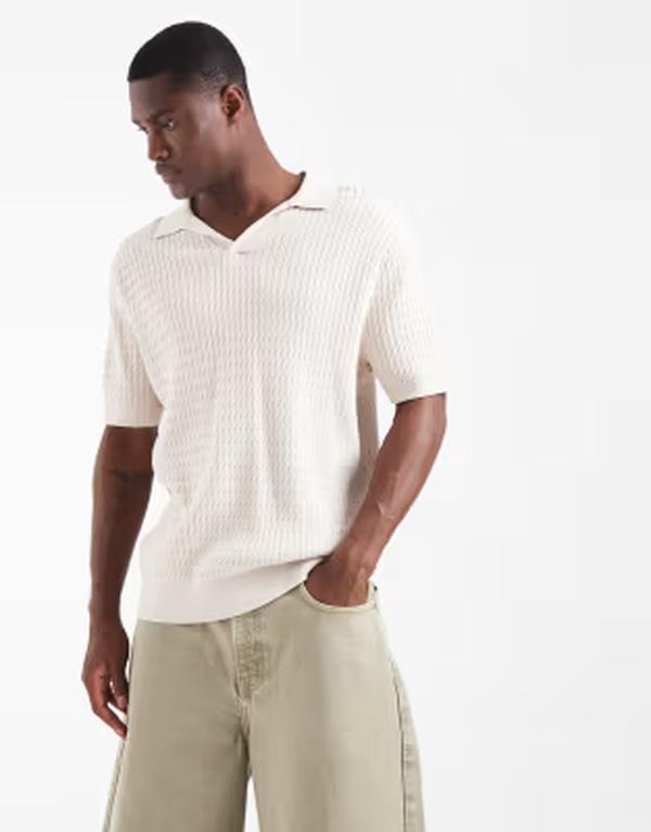 カポ メンズ トップス スポーツシャツ CAPO cable twist open collar polo shirt インチ stone 石ころ