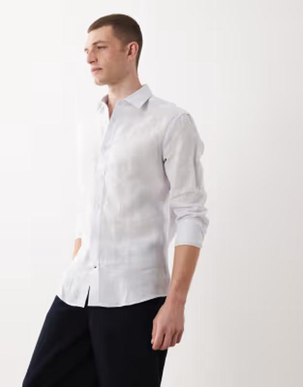マンゴ メンズ トップス ティーシャツ リネン Mango 100% linen long sleeve shirt インチ pale blue 青碧