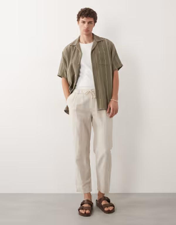 マンゴ メンズ ボトムス カジュアルパンツ リラックスフィット リネン Mango linen mix relaxed fit elasticatedraw string waist pants in ecru エクリュ|ReVida 店