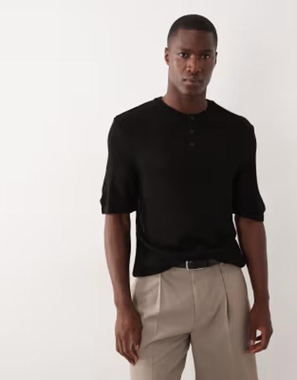 エイソス メンズ トップス ティーシャツ 肋材 編み物 ASOS DESIGN relaxed knit ribbed Henley Black 黒いこと