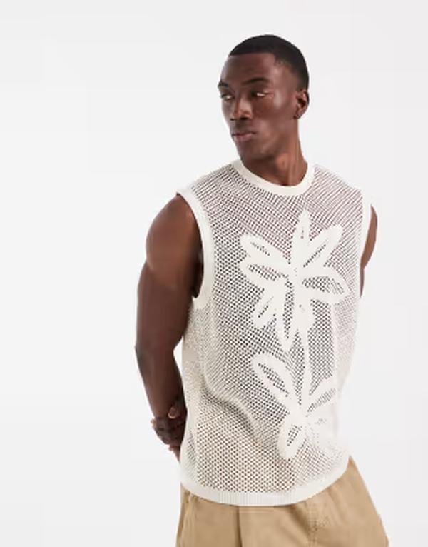 エイソス メンズ トップス より良い 御花柄 編み物 御花 ASOS DESIGN knitted relaxed tank top インチ ecru with floral pattern ECRU エクリュ