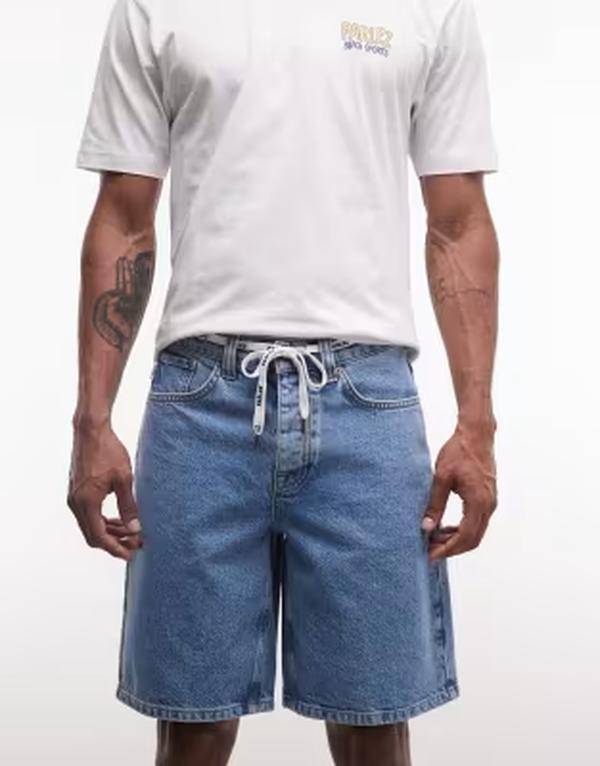 茶飲み友だちレ メンズ ボトムス 二分の一ズボン下・さる股引き 遊撃手ズボン下 ジーンズ Parlez serge denim shorts with tie waist detail インチ lightwash MID BLUE 青色
