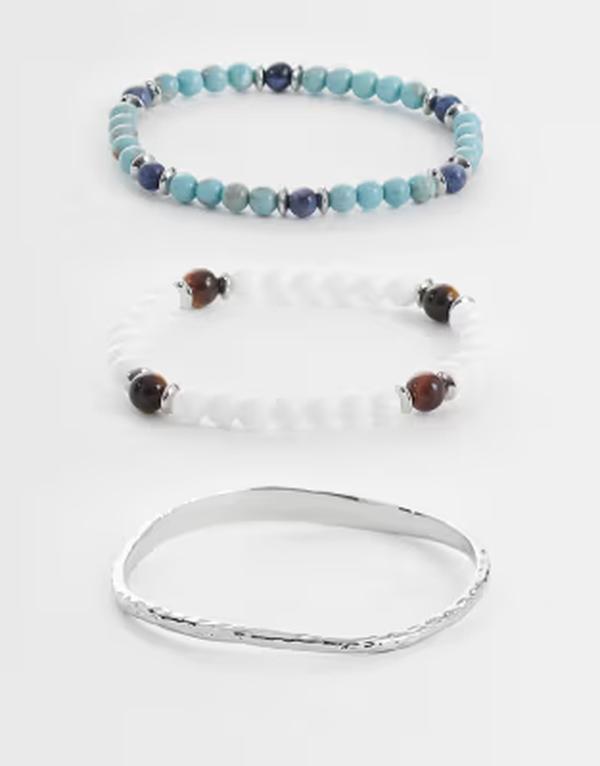 エイソス メンズ 付属物 ブレスレット・バングル・アンクレット ASOS DESIGN 3 pack beaded and cuff bracelet SILVER しろがね色
