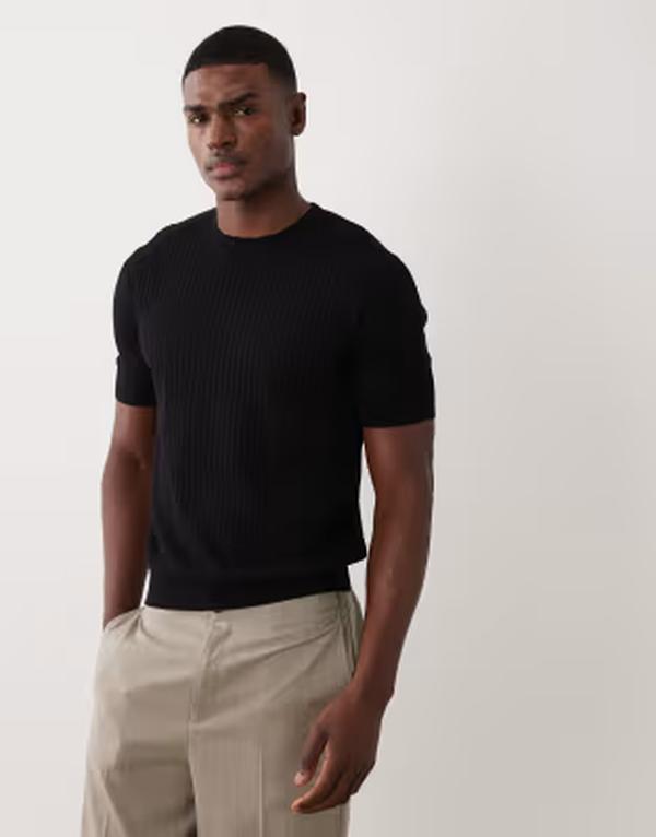マンゴ メンズ トップス ティーシャツ 肋材 編み物 Mango modal blend fine knit ribbed T-shirt Black 黒いこと