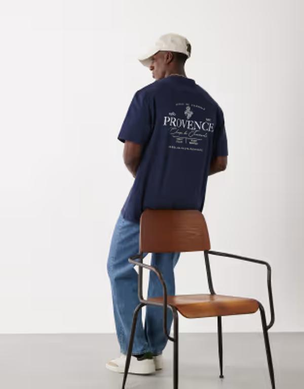 スリードベア メンズ トップス ティーシャツ 刷り上げる Threadbare back print-shirt NAVY 米国海軍