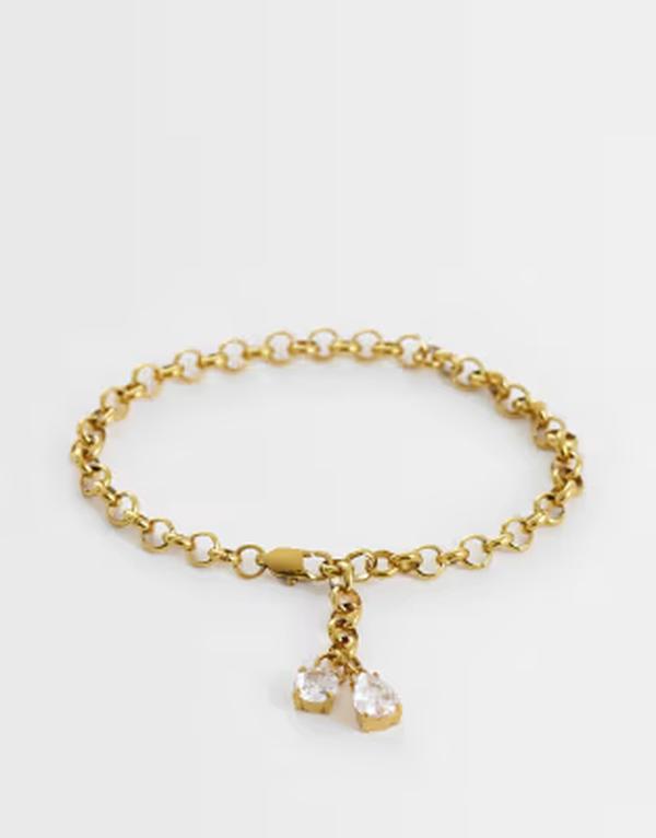エイソス メンズ 佩び物 ブレスレット・バングル・アンクレット プルオーバー ASOS DESIGN waterproof stainlessteel round link bracelet with double crystal stone pendant GOLD ゴールド