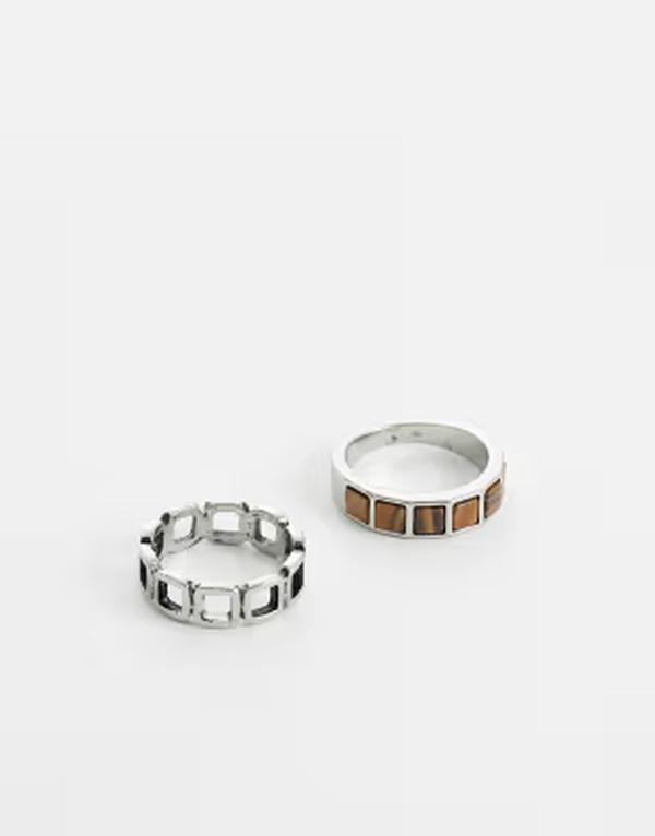 エイソス メンズ 佩び物 輪っか ASOS DESIGN 2 pack open chain link and faux tigers eye stone ring SILVER しろがね色